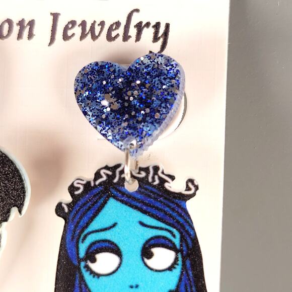 Corpse Bride Earring Victor Emily Blue Glitter Heart Dangle Fashion Jewelry 2.5" - Picture 4 of 10